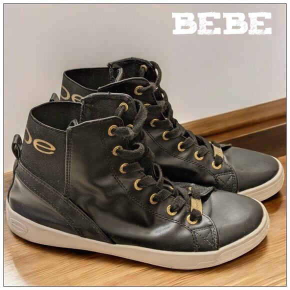 Black BEBE Dempsey High Top Sneakers Lightweight Faux Leather Women's 8 - Picture 1 of 5